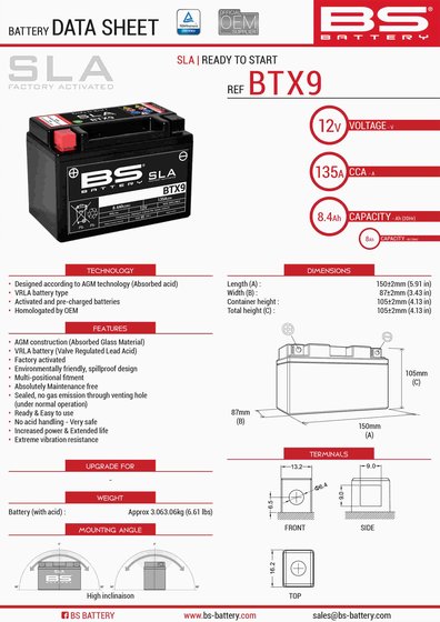 OUTLAW 500 (2006 - 2006) btx9 sla 12v 135 a battery | BS BATTERY