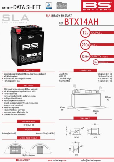 OUTLAW 500 (2006 - 2007) btx14ah sla 12v 210 a battery | BS BATTERY