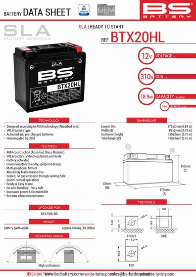 600 700 SWITCHBACK (2008 - 2014) btx20hl sla battery | BS BATTERY