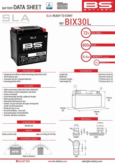 SPORTSMAN 800 (2005 - 2014) bs bix30l sla battery | BS BATTERY