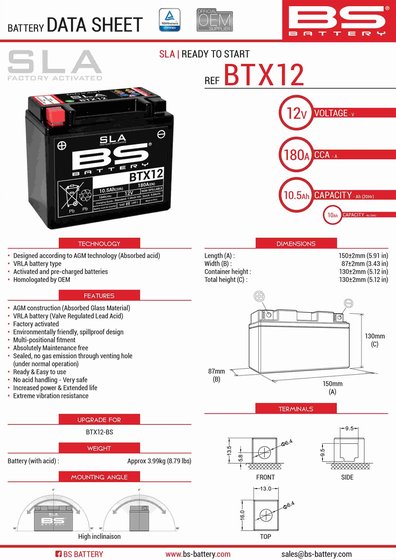 SAWTOOTH 200 (2006 - 2007) btx12 sla battery | BS BATTERY