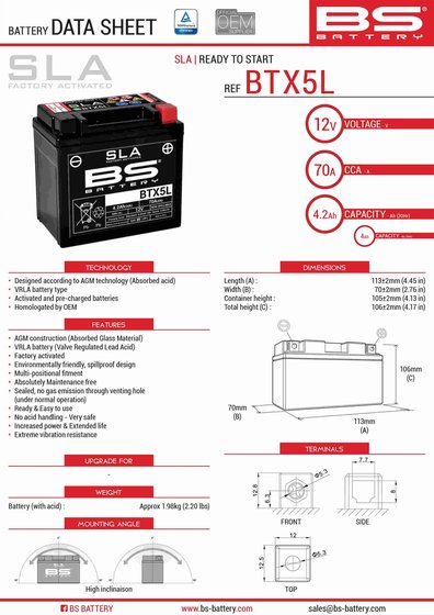 SPORTSMAN 90 (2003 - 2014) btx5l/btz6s battery | BS BATTERY